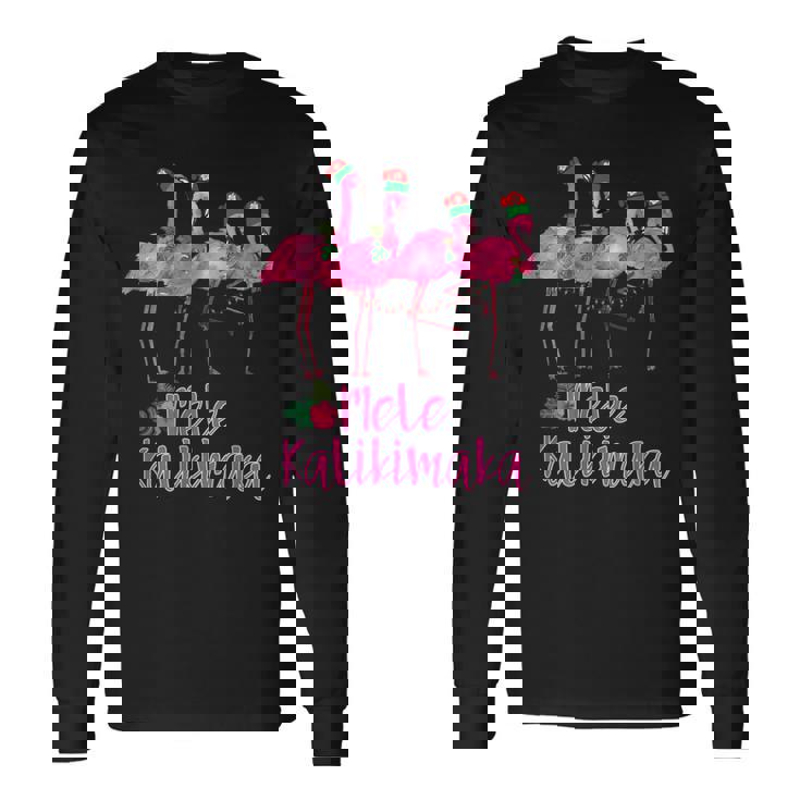 Mele Kalikimaka フラミンゴ ハワイ トロピカルファミリー 長袖Tシャツ