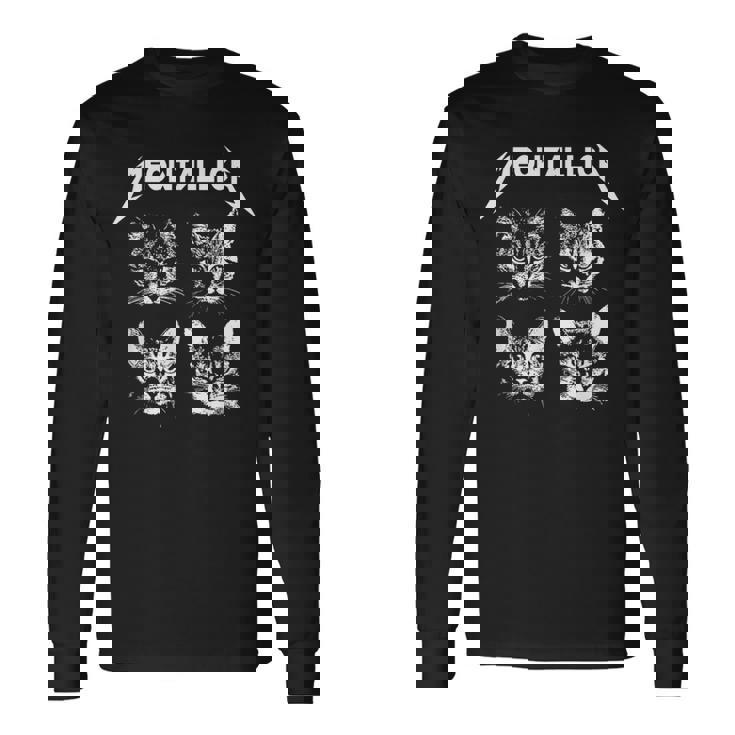 Meowtallica ブラック ホワイト 面白い パロディバンド 猫 子猫 恋人 長袖Tシャツ