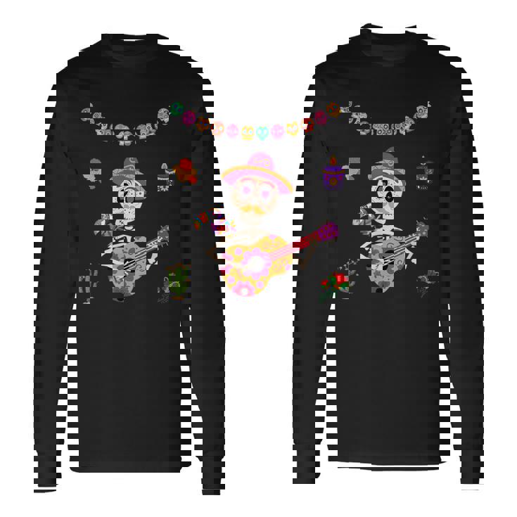 Mignon Dia De Los Muertos Guitare Mexicainequelette Enucre Pour Enfants T-shirt à manches longues