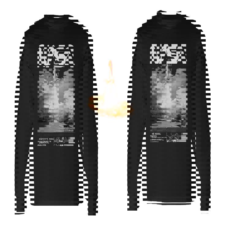 Nasa スペースシャトル打ち上げカラーの黒と白のワームロゴ 長袖Tシャツ