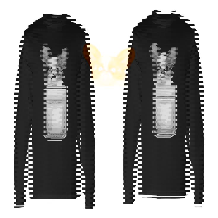 Papillon パピヨン 子犬 ポケットの中の犬 長袖Tシャツ