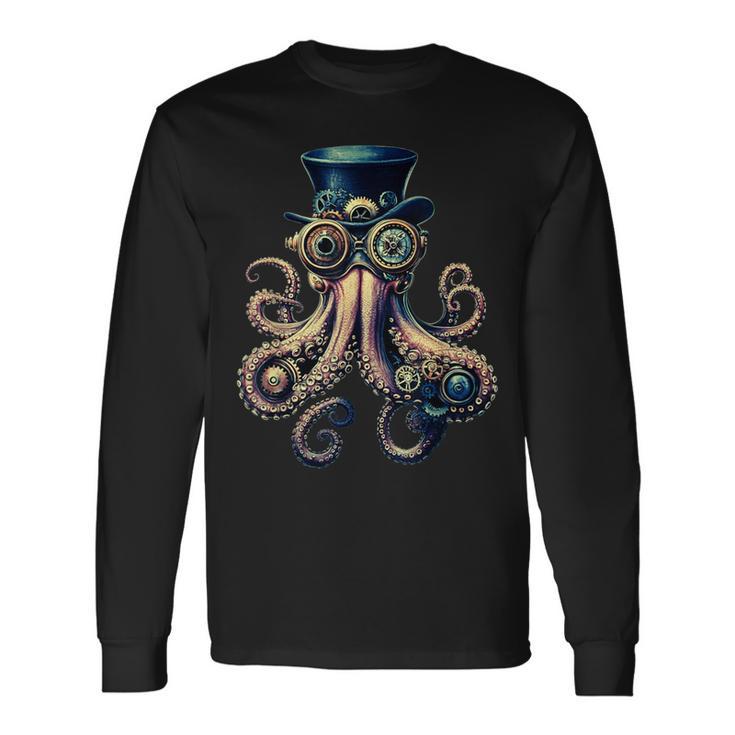 Pieuvreteampunk Engrenages Lunettes Et Tentacules T-shirt à manches longues