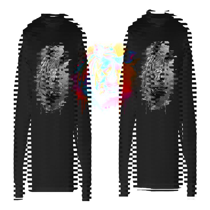 Rhinoceros アートワーク ポートレート 動物 アート カラフル スプラッシュ サイ 長袖Tシャツ ギフトのアイデア