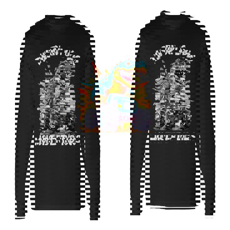 This Boy Loves Monster Trucks 恐竜モンスタートラック 長袖Tシャツ