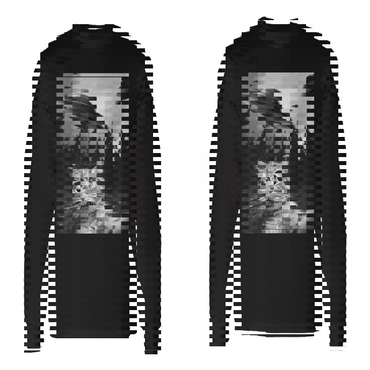 Ufo と面白い猫のセルフィー 長袖Tシャツ