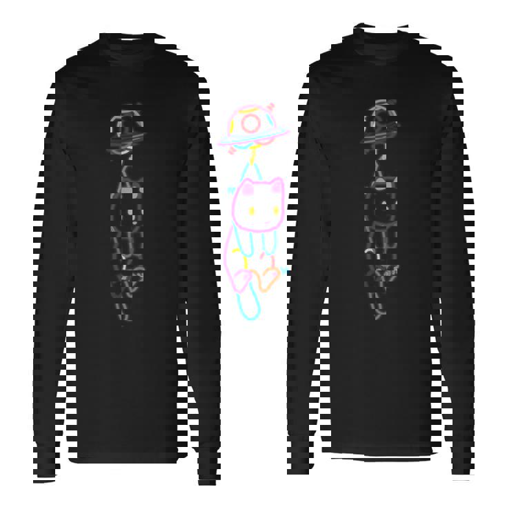 Ufoにつられるねこ ネオンカラー かわいい ねこ好き おもしろ 長袖Tシャツ