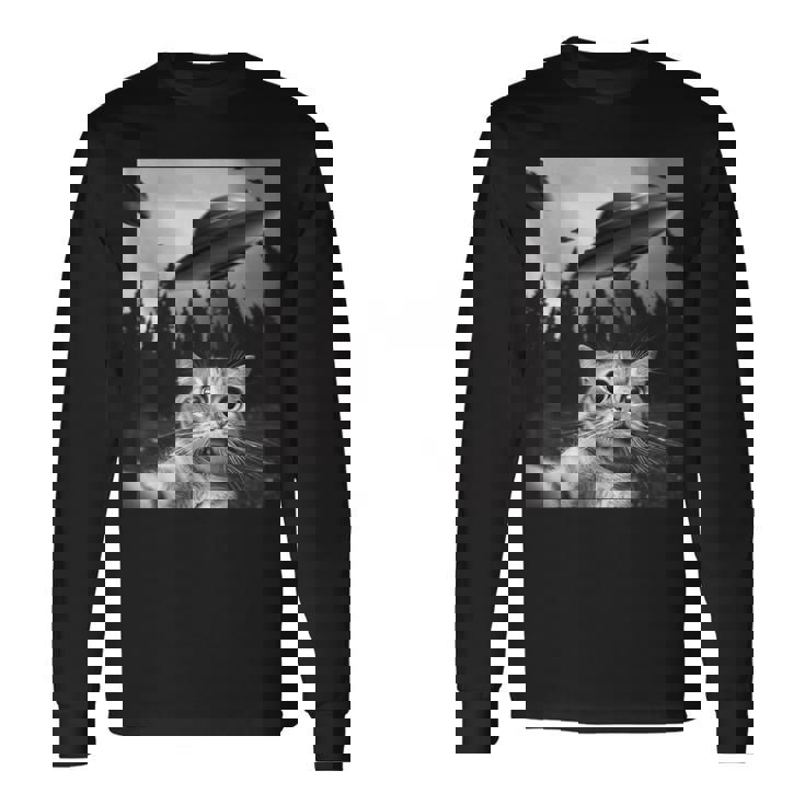Ufo付き面白い猫セルフィー 長袖Tシャツ