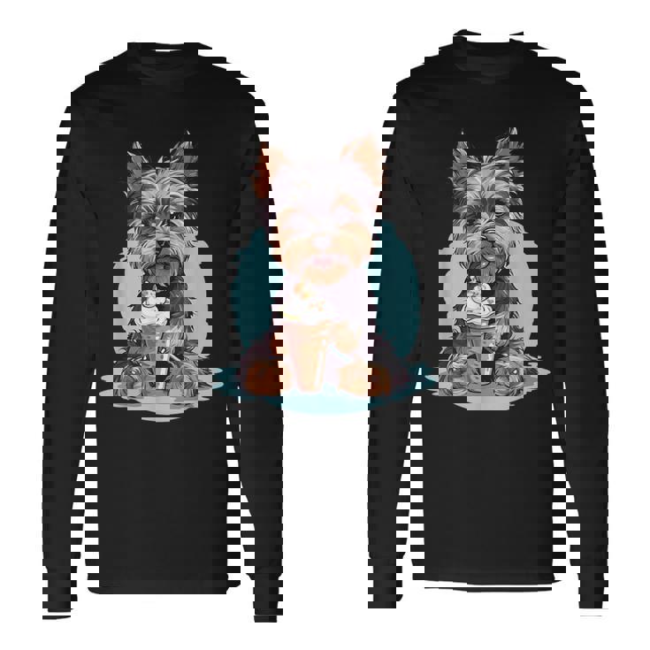 Yorkie Dog アニメ アイスクリームを食べる 夏 かわいい 長袖Tシャツ