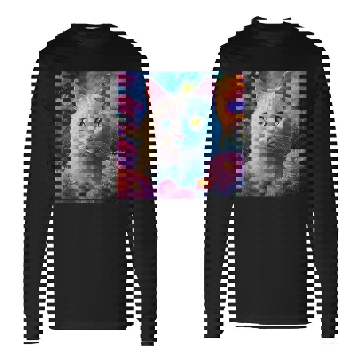 「お花畑のルディ猫」 油絵風ファンタジーアート 綺麗 かわいい オッドアイ リアル 長袖Tシャツ