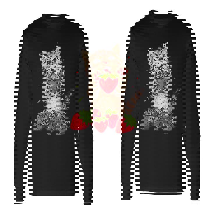 いちご 猫 いちご フルーツ ネコ アニマル プリント 図面 長袖Tシャツ