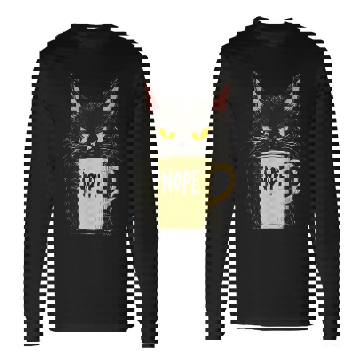 おかしな猫 コーヒーマグと黒猫 Nope 長袖Tシャツ