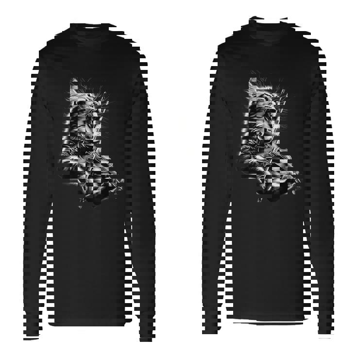 おもしろオーケストラ ミュージシャン バイオリニスト ロックキャット 演奏 バイオリン 長袖Tシャツ