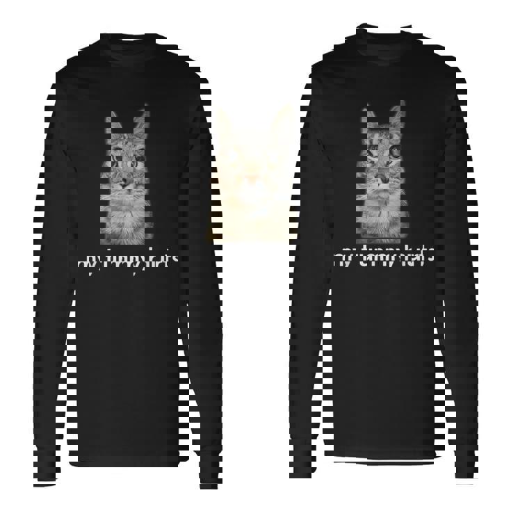 お腹が痛い面白い猫のミーム 長袖Tシャツ