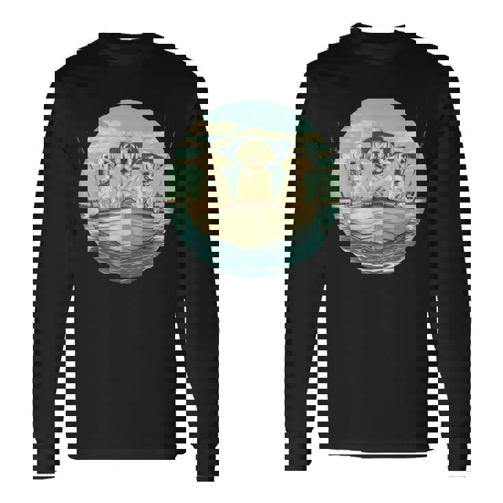 かわいい イエロー ラブラドールレトリバー 犬 釣り ボート 湖 犬 長袖Tシャツ