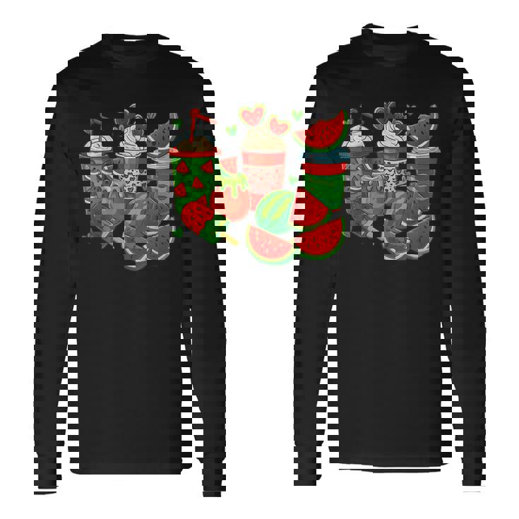 かわいい スイカ好き 夏 フルーツ スイカ アイスコーヒー 長袖Tシャツ