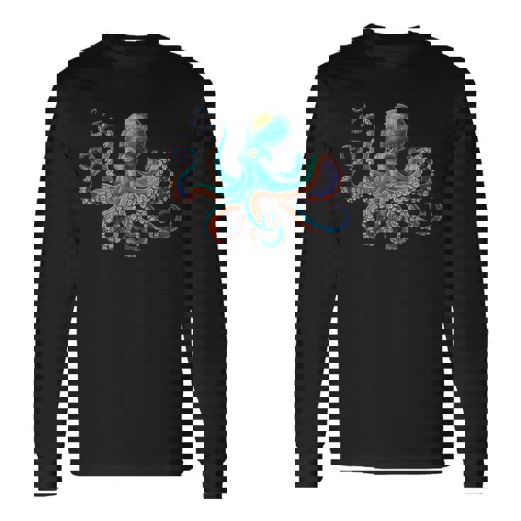 かわいい タコ カラフル ヴィンテージ ブルー イカ クラーケン スキューバ ダイビング 長袖Tシャツ