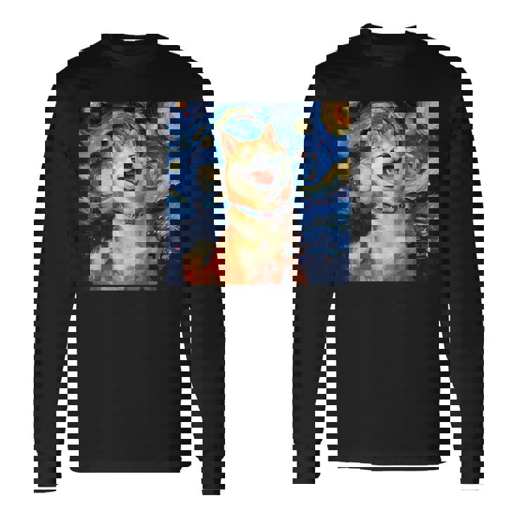 かわいい 柴犬 犬 星月夜 ヴィンセント・ヴァン・ゴッホ 絵画 長袖Tシャツ
