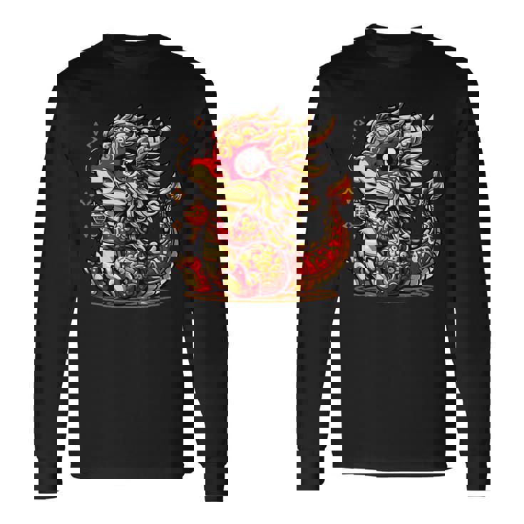 かわいい かわいい 赤 金 龍 中国 旧正月 縁起物 長袖Tシャツ