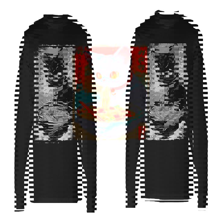 かわいい 黒猫 ラブ ラーメン カワイイ ねこ アニメ 日本語 長袖Tシャツ