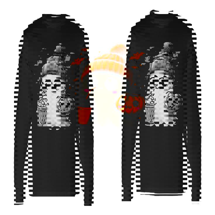 かわいいおばけを飲むかぼちゃスパイス ゴーストハロウィンコスチューム 長袖Tシャツ