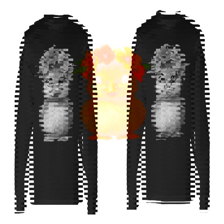 かわいいアヒルの子と花冠 長袖Tシャツ