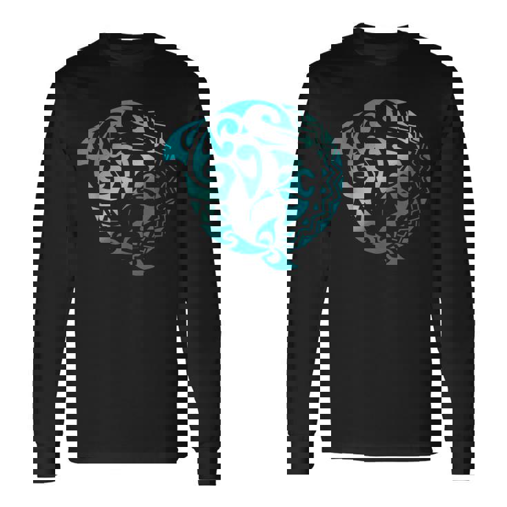 かわいいイルカ マンタレイ トライバル ハワイアン 海 海 恋人 長袖Tシャツ