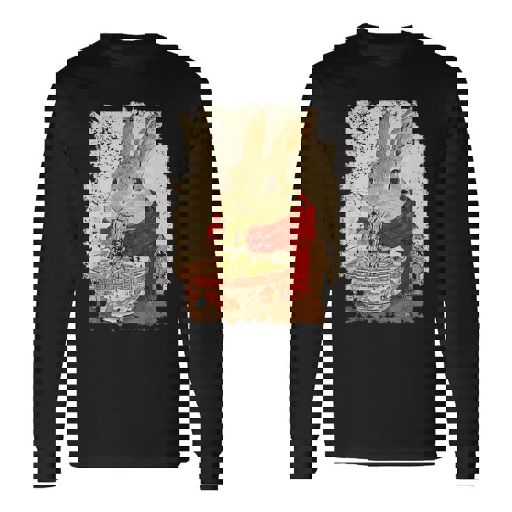 かわいいウサギが麺をすする 長袖Tシャツ