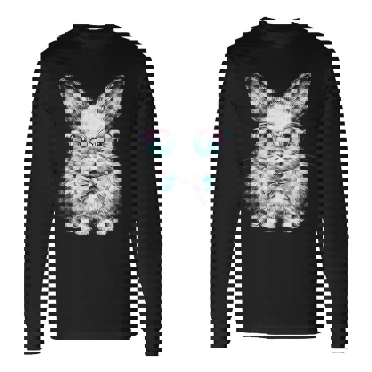 かわいいエステティックイースターボウタイバニーウサギメガネ付き 長袖Tシャツ