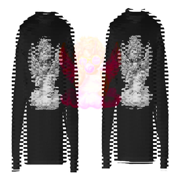 かわいいキューピッド吹くバブルガムサングラスバレンタインデー。 長袖Tシャツ