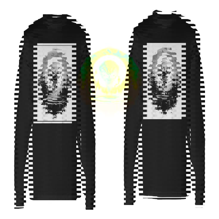 かわいいグリーンエイリアンヘッドufoスペースフェイス 長袖Tシャツ