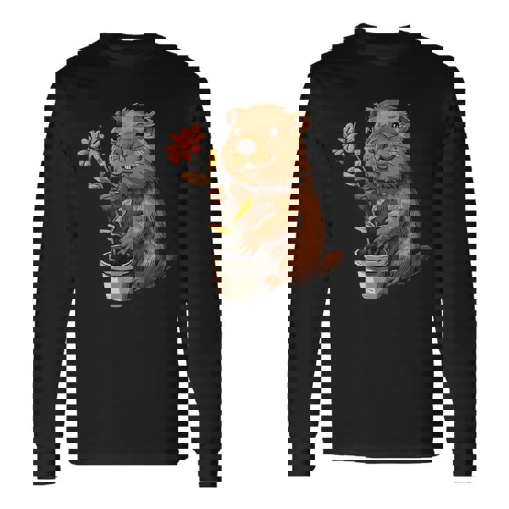 かわいいコスチューム愛好家のための鉢植えのハッピービーバー 長袖Tシャツ