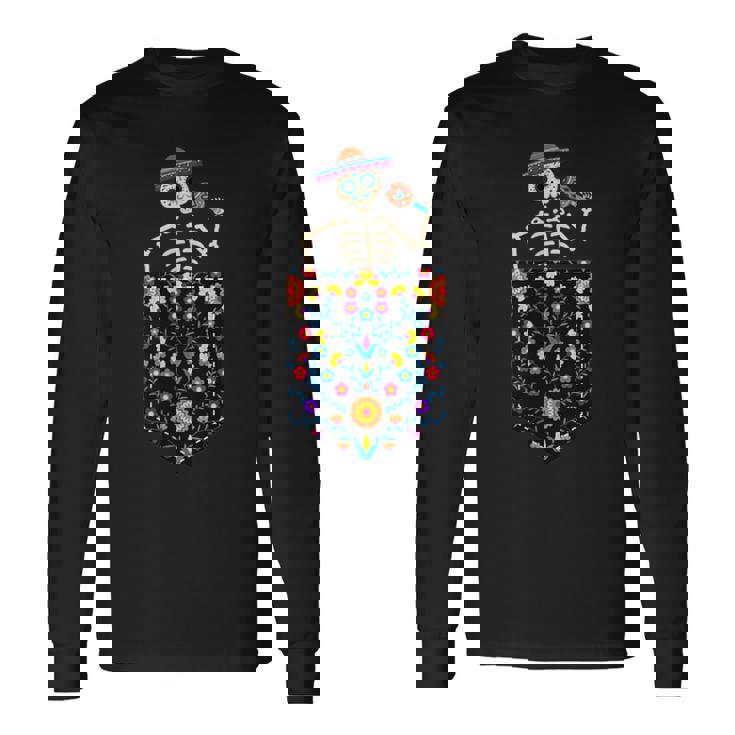 かわいいシュガースカル スケルトン ポケット入り メキシカン シンコ・デ・マヨ 長袖Tシャツ