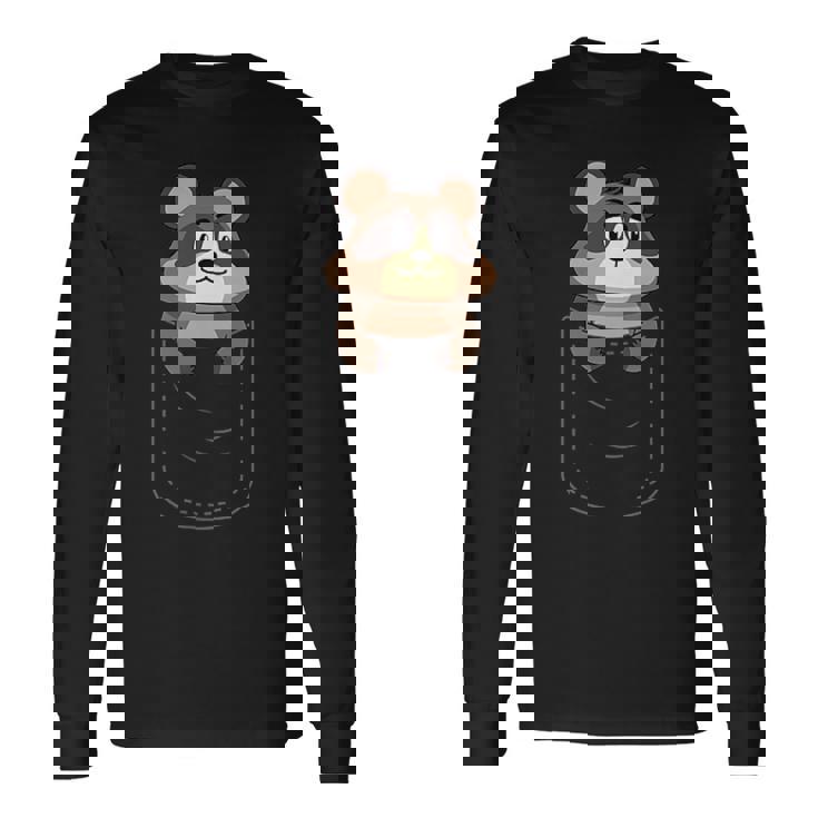 かわいいタヌキ胸ポケット 長袖Tシャツ