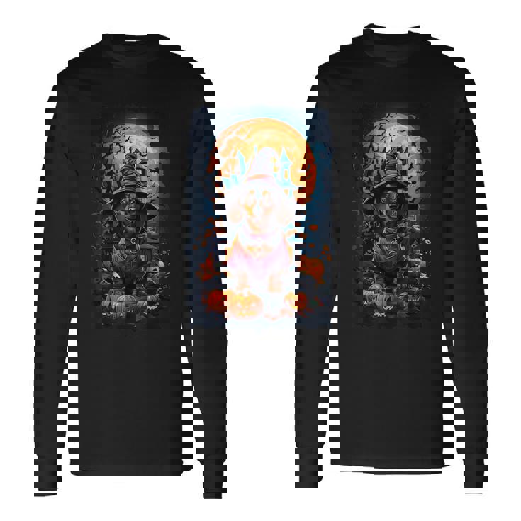 かわいいダックスフントと不気味なお化け屋敷のハロウィンコスチューム 長袖Tシャツ