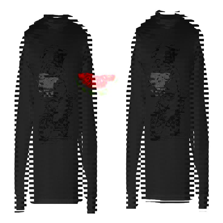 かわいいブルドッグが自転車に乗ってスイカを食べる 誕生日 長袖Tシャツ