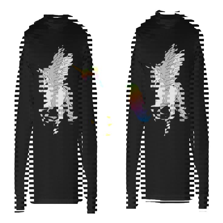 かわいいペガコーン フライングホース レインボー ユニコーン ペガサス 長袖Tシャツ