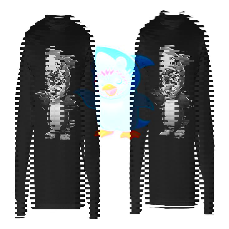 かわいいペンギンのサメのフュージョン漫画コスチューム。 長袖Tシャツ