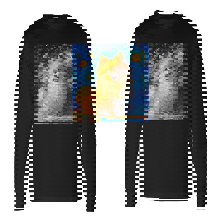 かわいいポメラニアン犬 星月夜 ヴィンセント・ヴァン・ゴッホ絵画 長袖Tシャツ