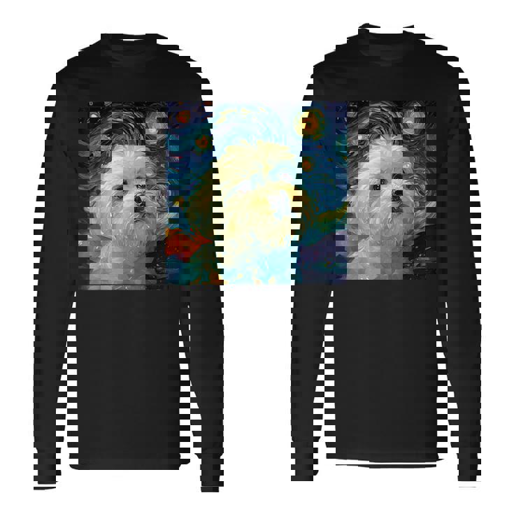 かわいいマルチーズドッグ 星月夜 ヴィンセント・ヴァン・ゴッホ絵画 長袖Tシャツ