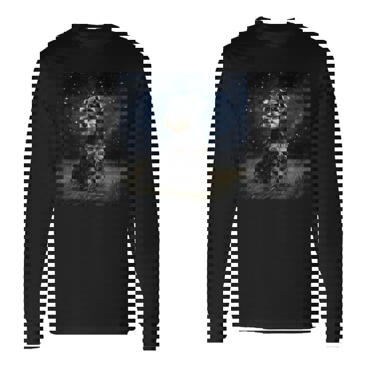 かわいいミニチュアシュナウザーの星空の犬 夜の絵画 長袖Tシャツ