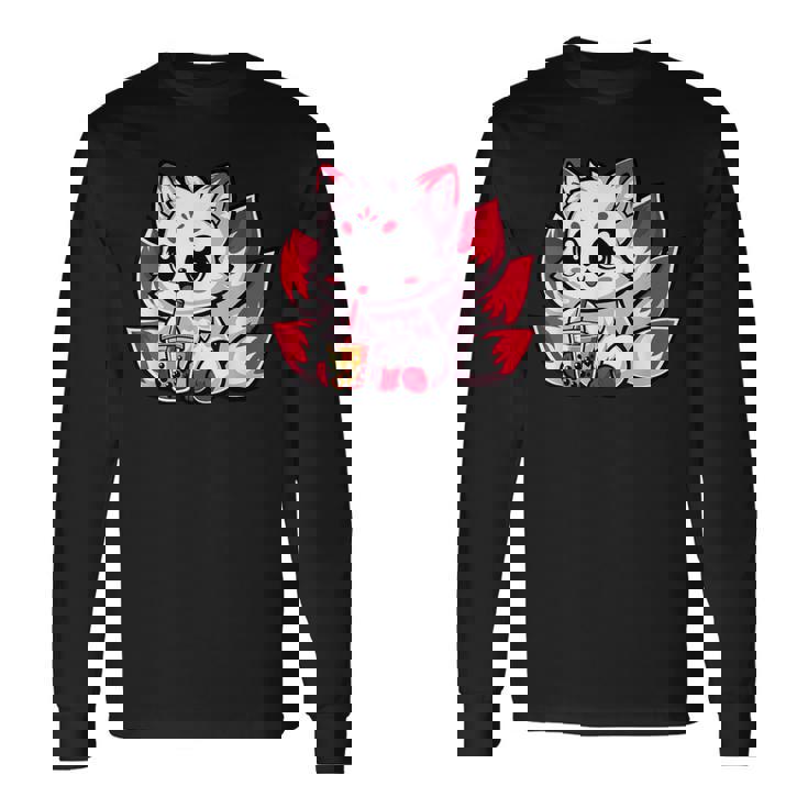 かわいい日本のキツネ九尾キツネボバティーアニメ 長袖Tシャツ