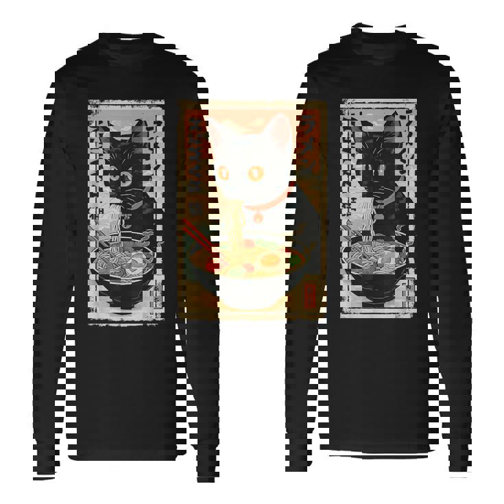 かわいい猫とラーメン麺 日本のアニメ漫画 長袖Tシャツ