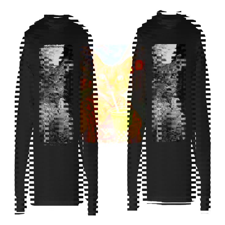 かわいい着物猫 自撮り 抹茶 バブルティー 長袖Tシャツ