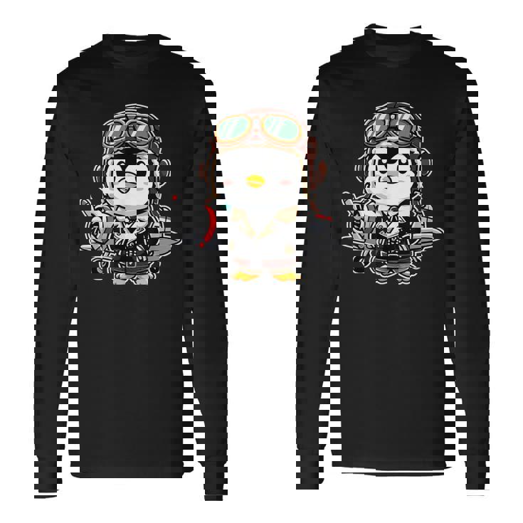 かわいい空飛ぶペンギン パイロット ヘルメット 飛行機 航空機 航空機 長袖Tシャツ ギフトのアイデア