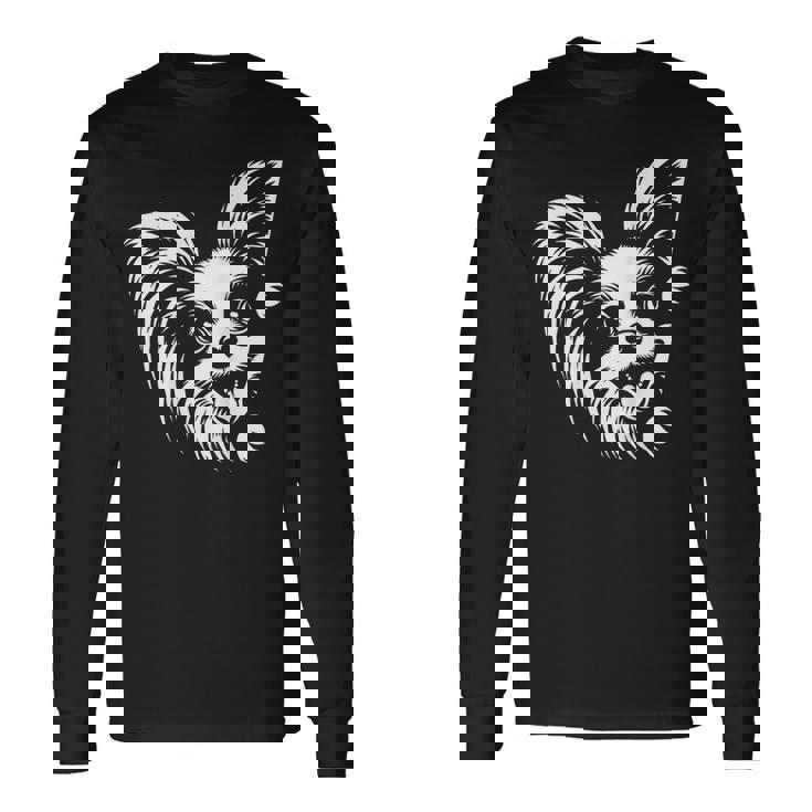 かわいい覗くパピヨン犬のグラフィック デザイン 長袖Tシャツ