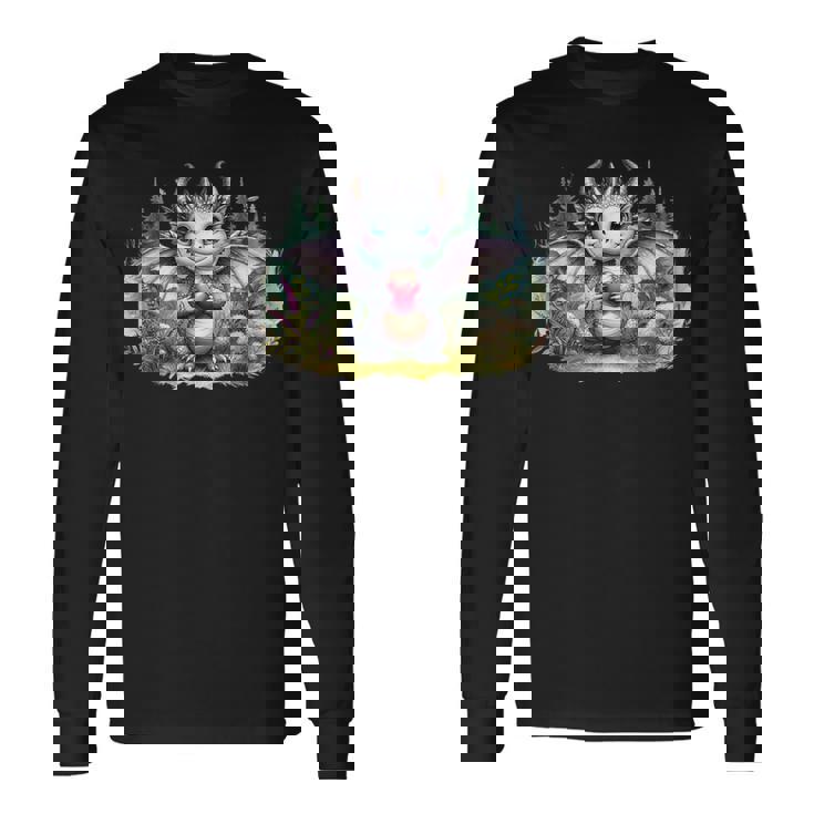 かわいい赤ちゃんドラゴンハート森林ファンタジー水彩ar 長袖Tシャツ