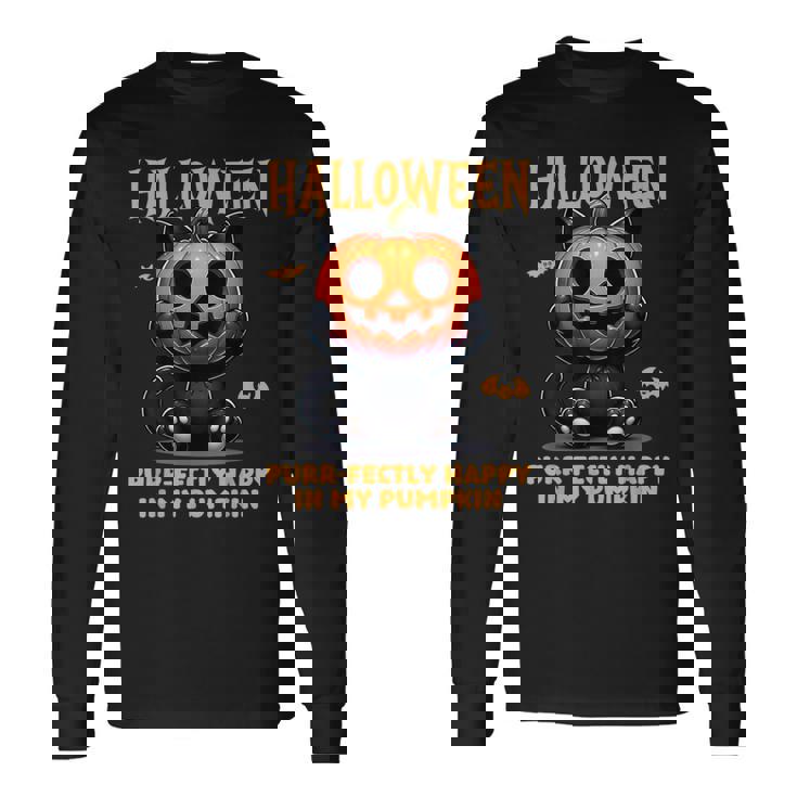 かわいい黒猫ハロウィン衣装カボチャデザインマスク面白い 長袖Tシャツ