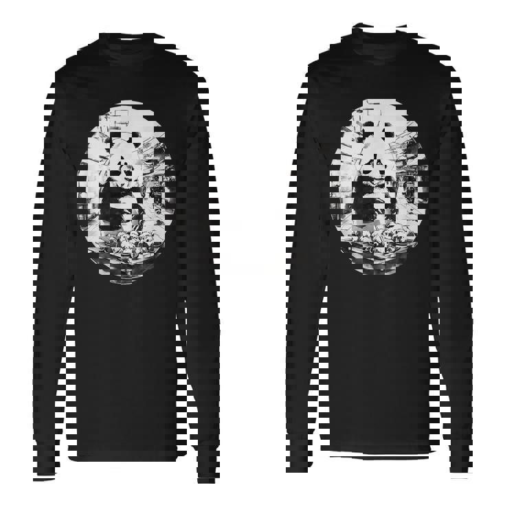 たこ焼き パンダ 水墨画 日本食 大阪 おもしろ 和風 動物 長袖Tシャツ ギフトのアイデア