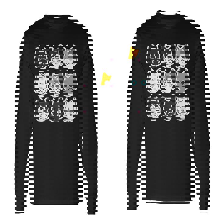 ねこ 9《ふぇいす》猫《黒・白・ハチワレ・三毛・ロシアン》【どうぶつフレンズ】顔 ゆるくて かわいい 動物 イラスト 長袖Tシャツ