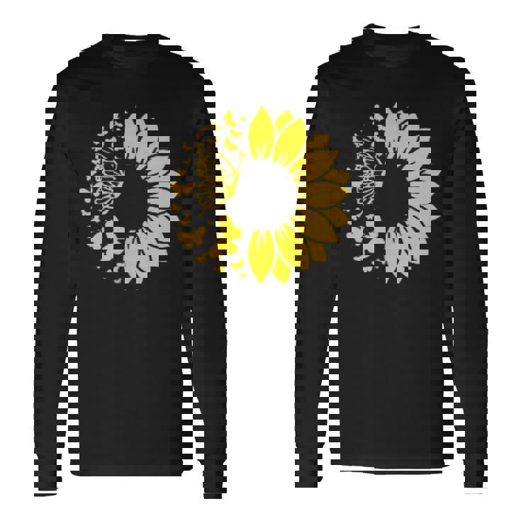 ひまわりと蝶のシルエット、自然の調和。 長袖Tシャツ